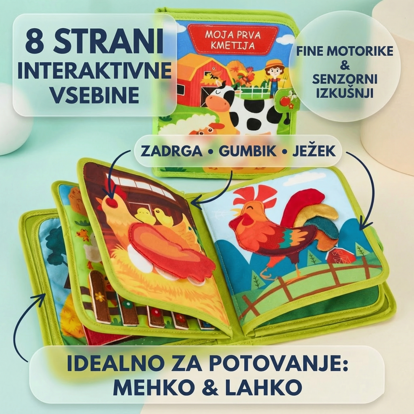 Predstavitev mehke interaktivne knjige "Moja prva kmetija", ki vsebuje 8 strani interaktivne vsebine za razvoj fine motorike in senzornih izkušenj. Knjiga vključuje različne elemente za igro, kot so zadrga, gumb in ježek, ter je zaradi svoje majhne teže in mehkobe idealna za potovanja.