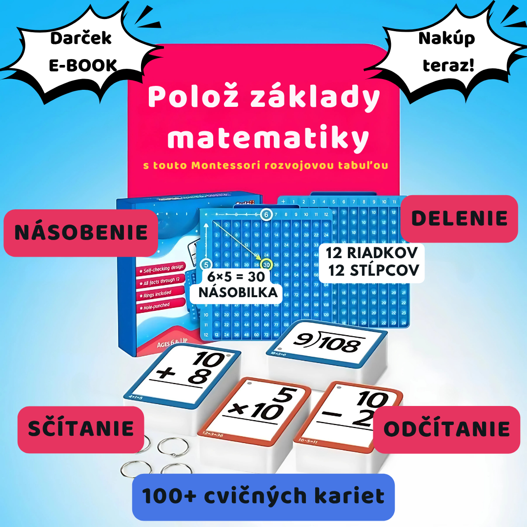 Otroška Montessori razvojna tabla za postavljanje temeljev matematike s pomočjo več kot 100 učnih kartic za seštevanje, odštevanje, množenje in deljenje. Pripomoček vključuje mrežo z 12 vrsticami in 12 stolpci za vizualno učenje poštevanke, ob nakupu pa je vključena brezplačna e-knjiga.