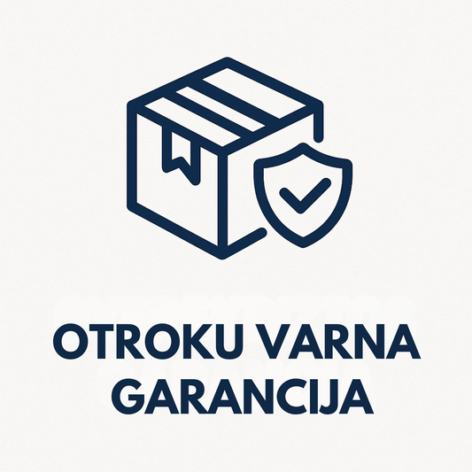 Grafični simbol paketa s ščitom in napisom "Otroku varna garancija", ki poudarja varnost izdelkov za otroke.