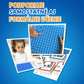 Otroška matematična tabla in učne kartice, ki podpirajo samostojno in formalno učenje števil ter računskih operacij. Grafični prikaz vključuje deklico pri uporabi pripomočka, detajl uporabe interaktivne plošče ter različne kartice za množenje, deljenje in odštevanje.