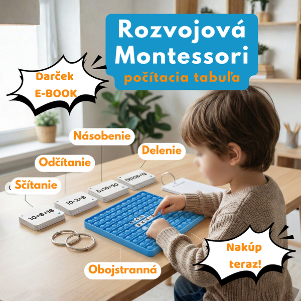 Promocijska grafika v datoteki Screenshot 2026-05-13 at 21.32.30.jpg prikazuje otroka pri uporabi razvojne Montessori računske table. Pripomoček je obojestranski in namenjen učenju osnovnih matematičnih operacij, kot so seštevanje, odštevanje, množenje in deljenje. Ob nakupu izdelka je kot darilo vključena tudi e-knjiga.