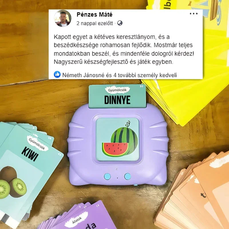 Vijolična naprava za učenje govorjenja s kartico DINNYE (lubenica), zraven pa je prikazano mnenje zadovoljnega strica o napredku dvoletne deklice.