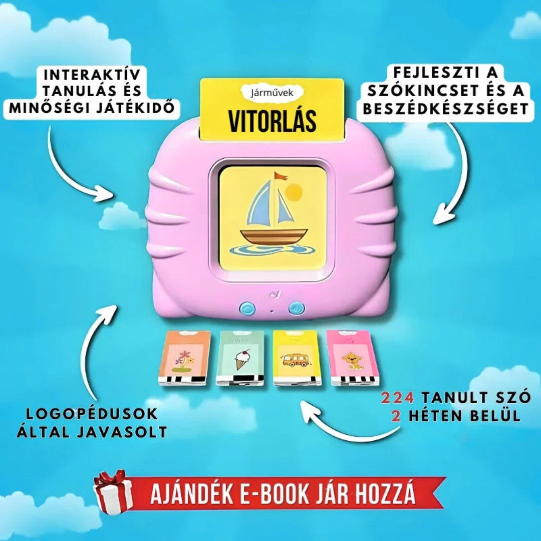 Roza naprava za učenje govora s kartico VITORLÁS (jadrnica), ki razvija besedišče in vključuje brezplačno e-knjigo. 