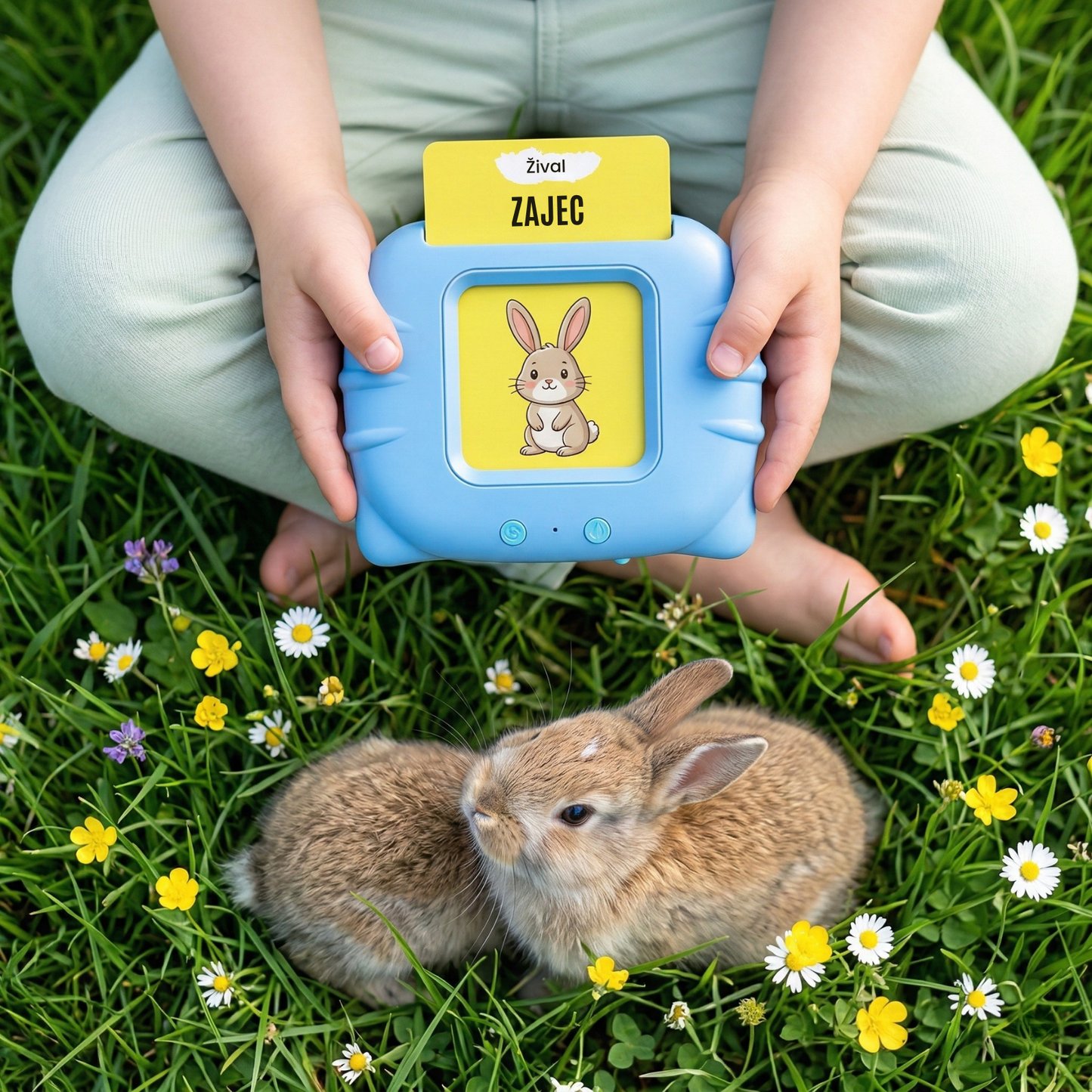 Pogled od blizu na otroka, ki v travi drži svetlo modro interaktivno napravo z vstavljeno kartico "ZAJEC". Pred napravo v cvetoči travi sedi pravi zajček, kar ustvarja neposredno povezavo med učnim pripomočkom in naravo.