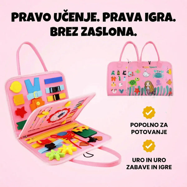 Rožnata otroška senzorična torba za učenje in igro brez zaslonov, ki vključuje različne motorične elemente in je idealna za potovanja.