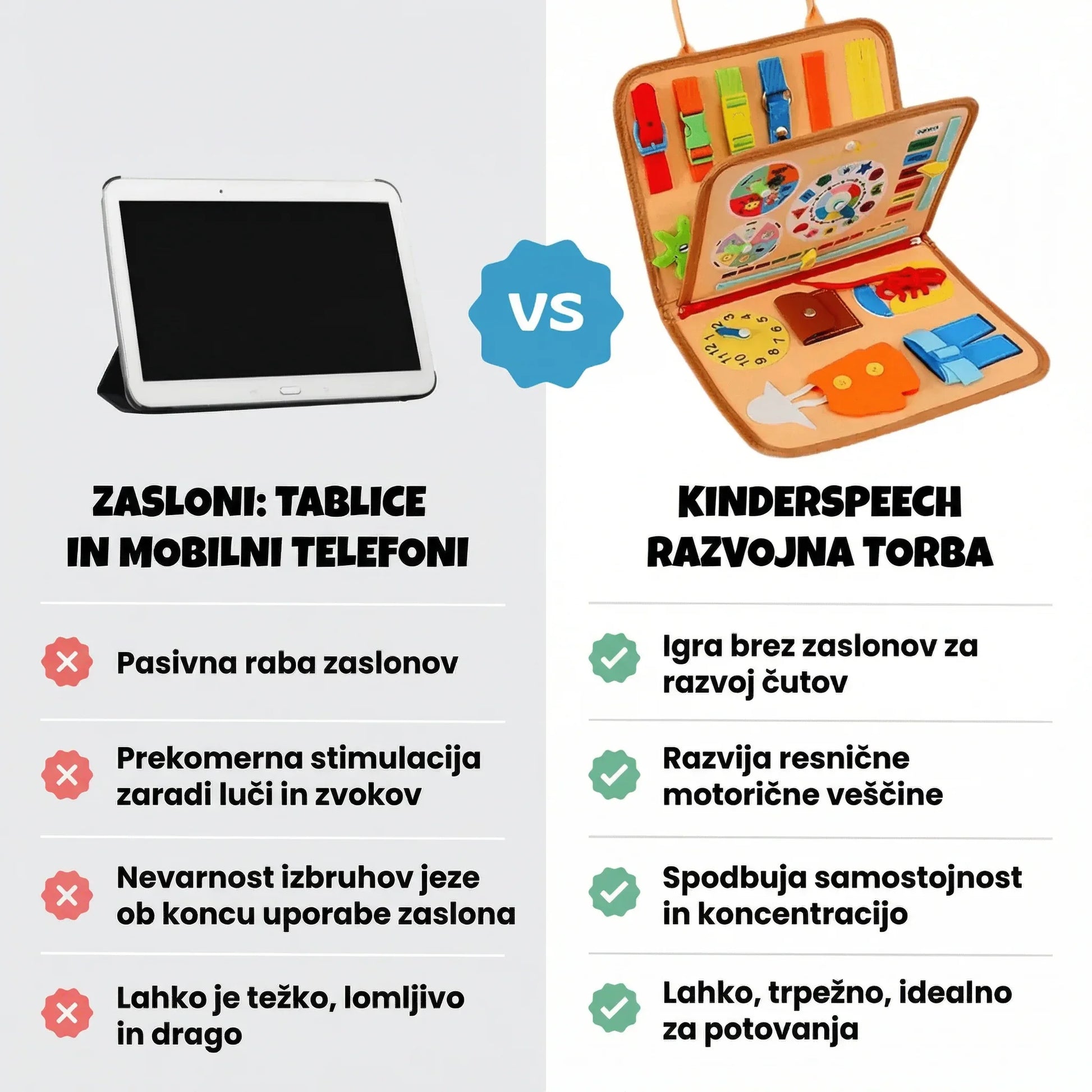 Primerjava med tabličnim računalnikom in Kinderspeech razvojno torbo, ki prikazuje prednosti senzorične igrače brez zaslonov za razvoj motoričnih veščin in koncentracije pri otrocih.