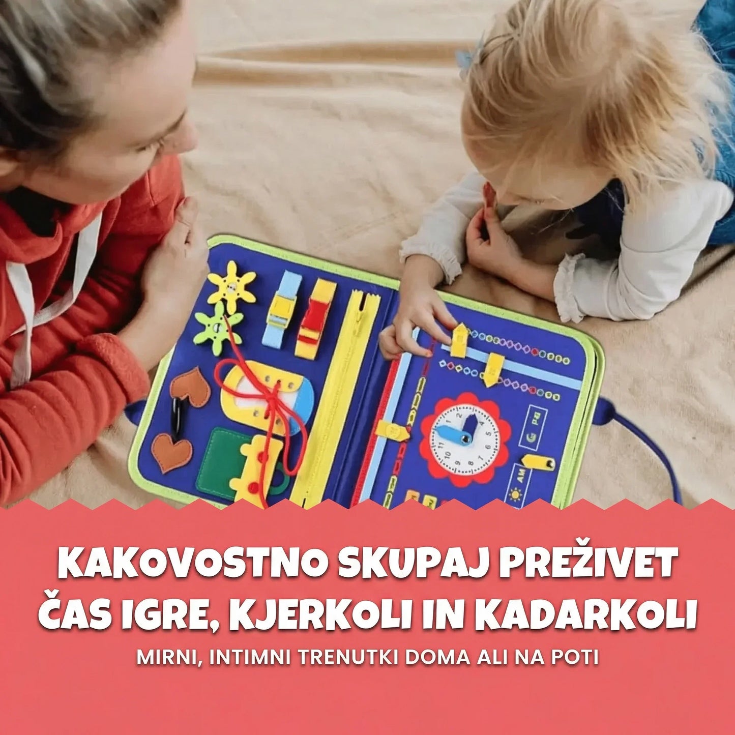 Otrok in odrasla oseba med skupno igro s Kinderspeech senzorično torbo, ki spodbuja kakovostno preživet čas in učenje skozi igro doma ali na poti.
