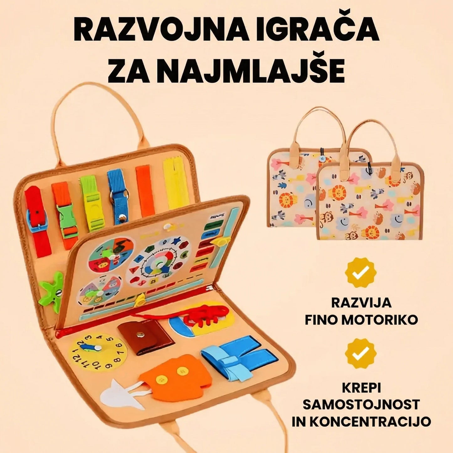 Senzorična razvojna torba za najmlajše v bež barvi z različnimi interaktivnimi elementi, ki spodbujajo razvoj fine motorike, samostojnosti in koncentracije pri otrocih.