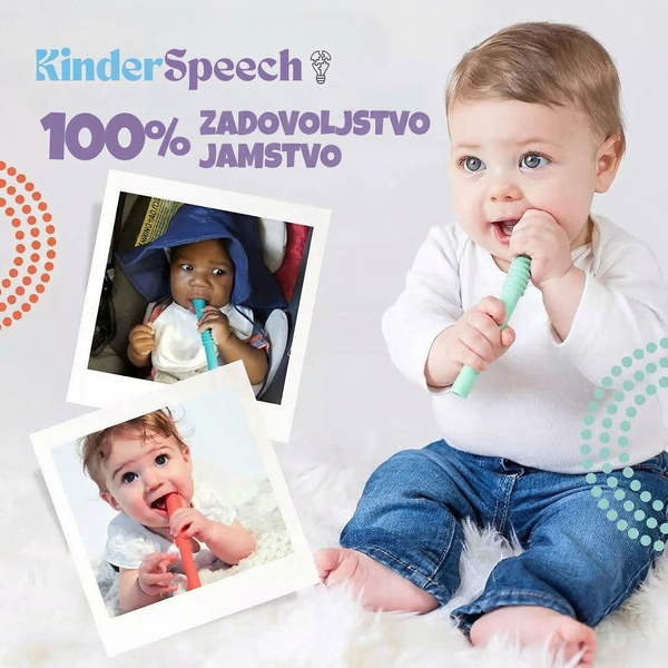 Promocijska grafika s tremi dojenčki, ki uporabljajo silikonska grizala različnih barv, in napisom "100% zadovoljstvo jamstvo", ki poudarja zaupanje v kakovost izdelkov Kinderspeech.