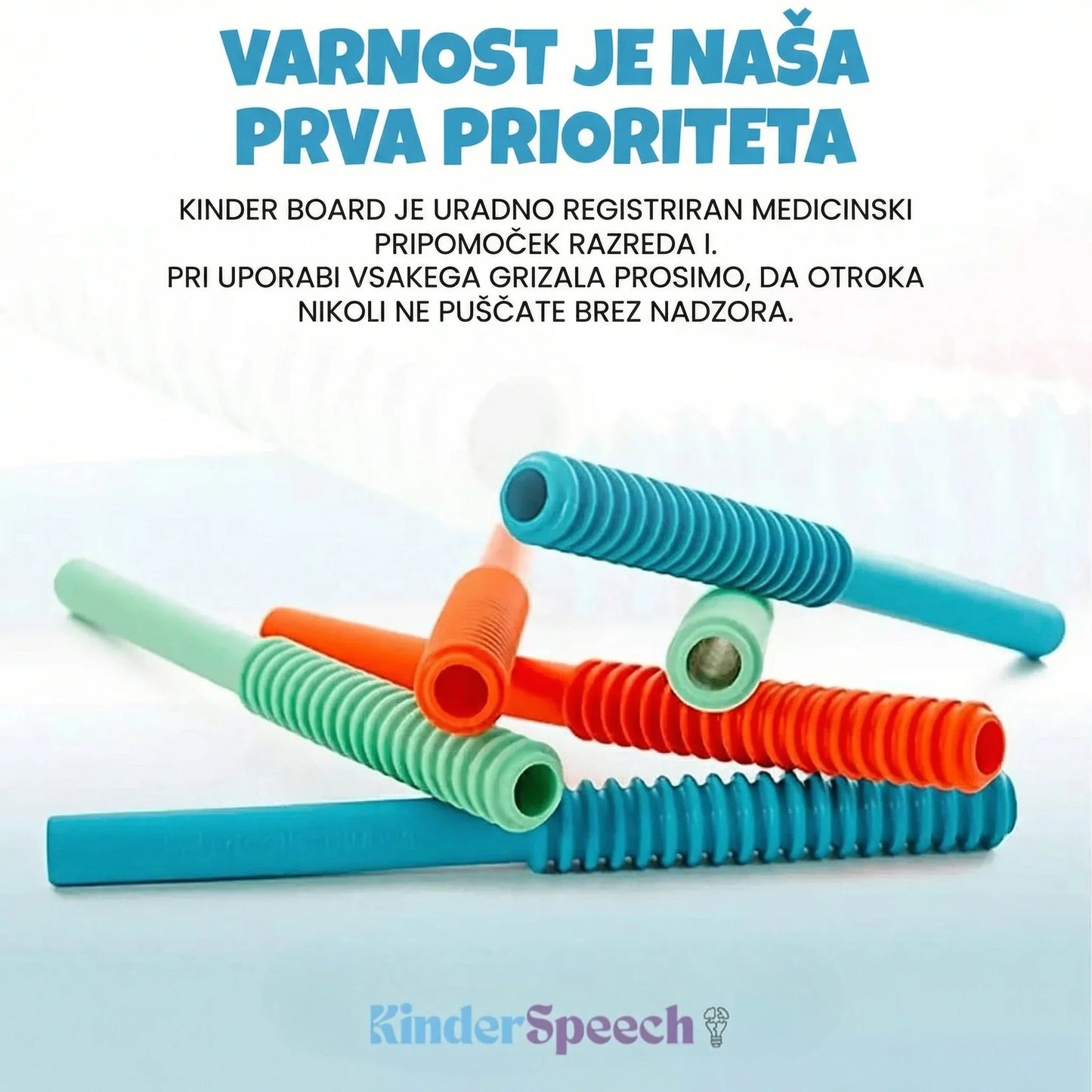 Barvita silikonska grizala Kinderspeech na informacijski grafiki, ki poudarja varnost izdelkov in potrjuje, da so registrirani kot medicinski pripomoček razreda I.
