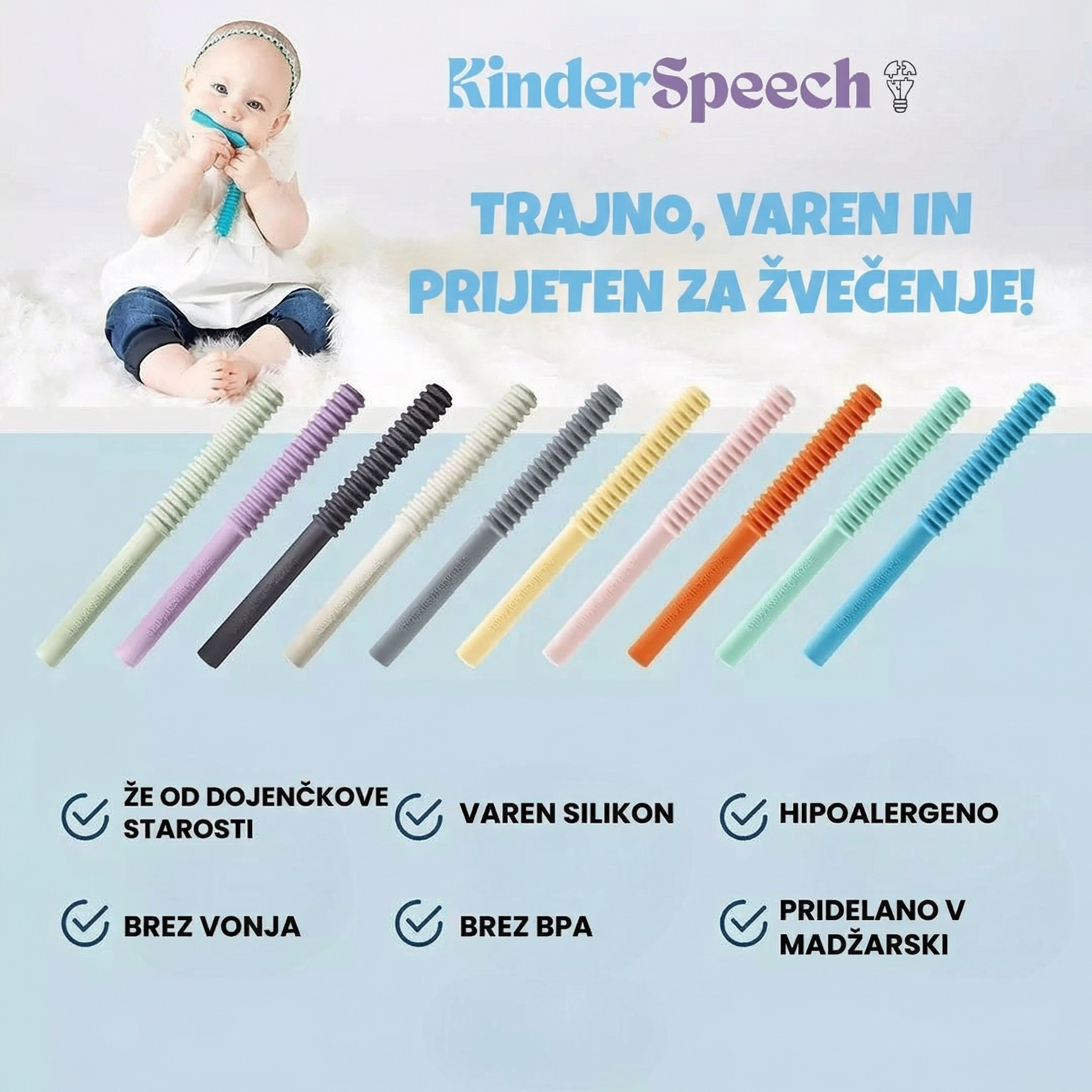 Grafični prikaz barvitih silikonskih grizal Kinderspeech z dojenčkom, ki uporablja grizalo, ter izpostavljenimi lastnostmi: varen silikon, hipoalergeno, brez vonja in BPA ter primerno že od dojenčkove starosti.