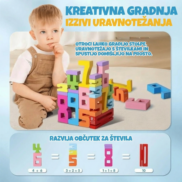 Otrok ob stolpu iz barvitih lesenih številk, ki prikazuje kreativno gradnjo in izzive uravnotežanja, s poudarkom na razvijanju občutka za števila skozi igro.