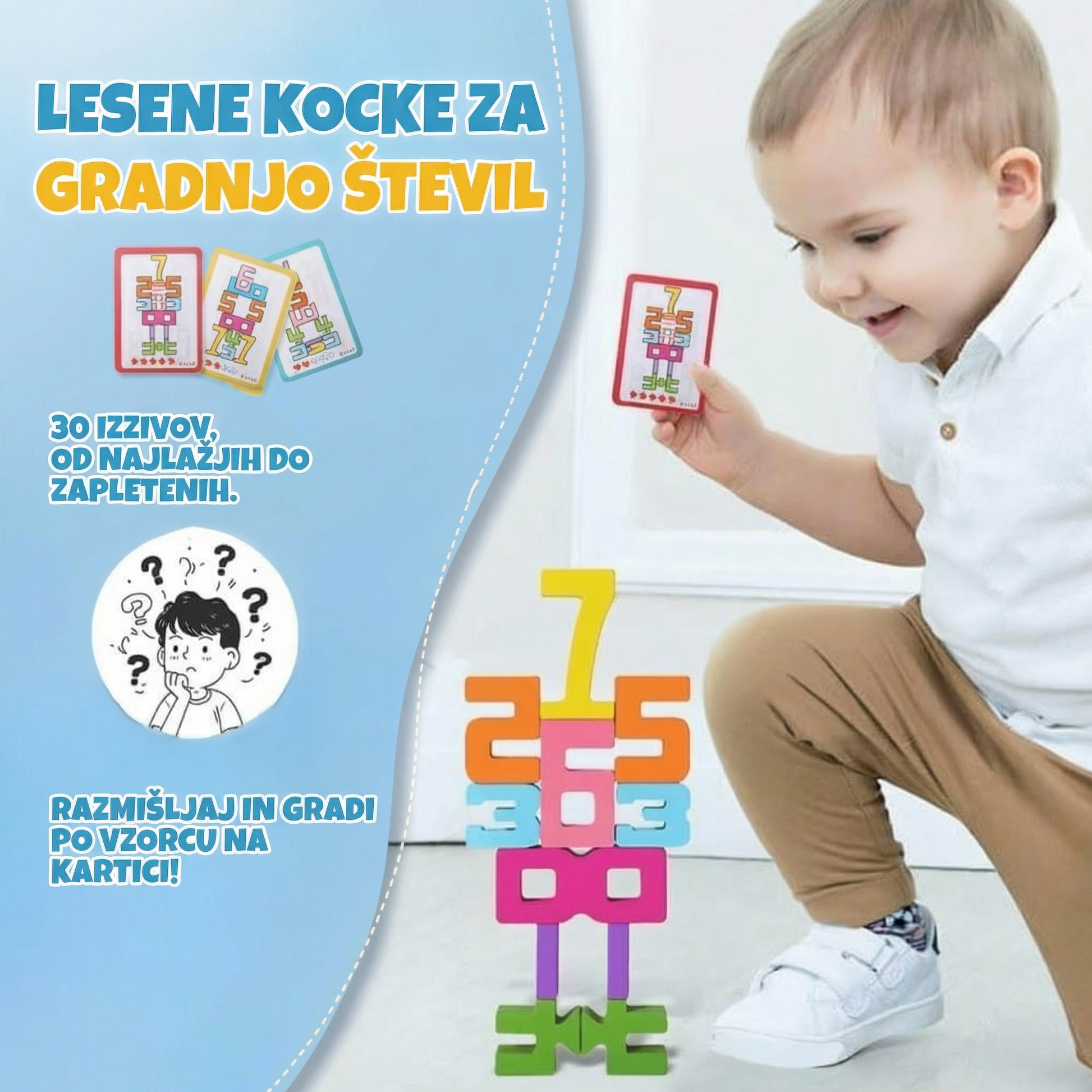 Otrok med igro z lesenimi številkami, ki vključuje 30 izzivov različnih težavnosti in spodbuja razmišljanje ter gradnjo po vzorcu na karticah.