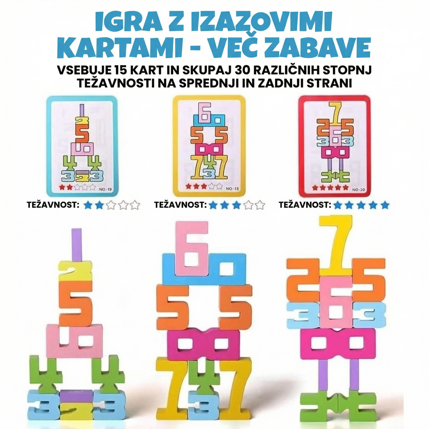 Izobraževalni komplet barvnih lesenih številk s 15 karticami z izzivi, ki prikazujejo 30 različnih stopenj težavnosti za sestavljanje struktur.