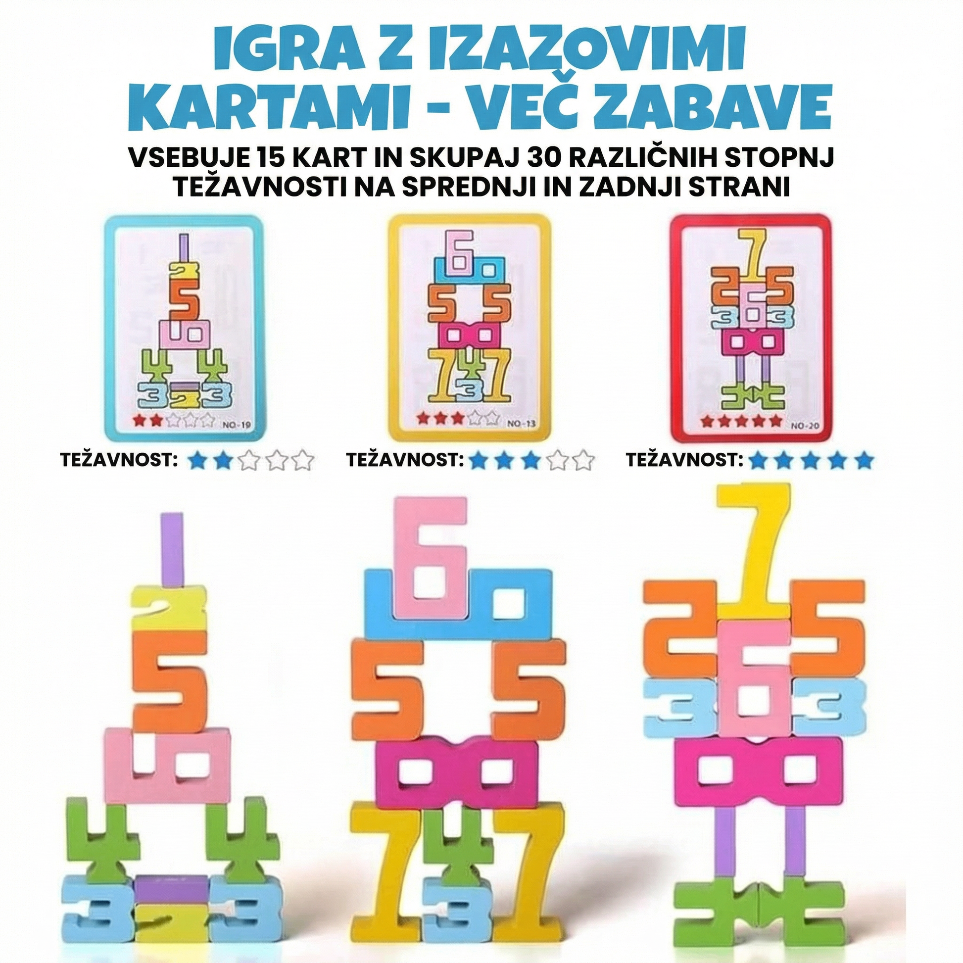 Izobraževalni komplet barvnih lesenih številk s 15 karticami z izzivi, ki prikazujejo 30 različnih stopenj težavnosti za sestavljanje struktur.