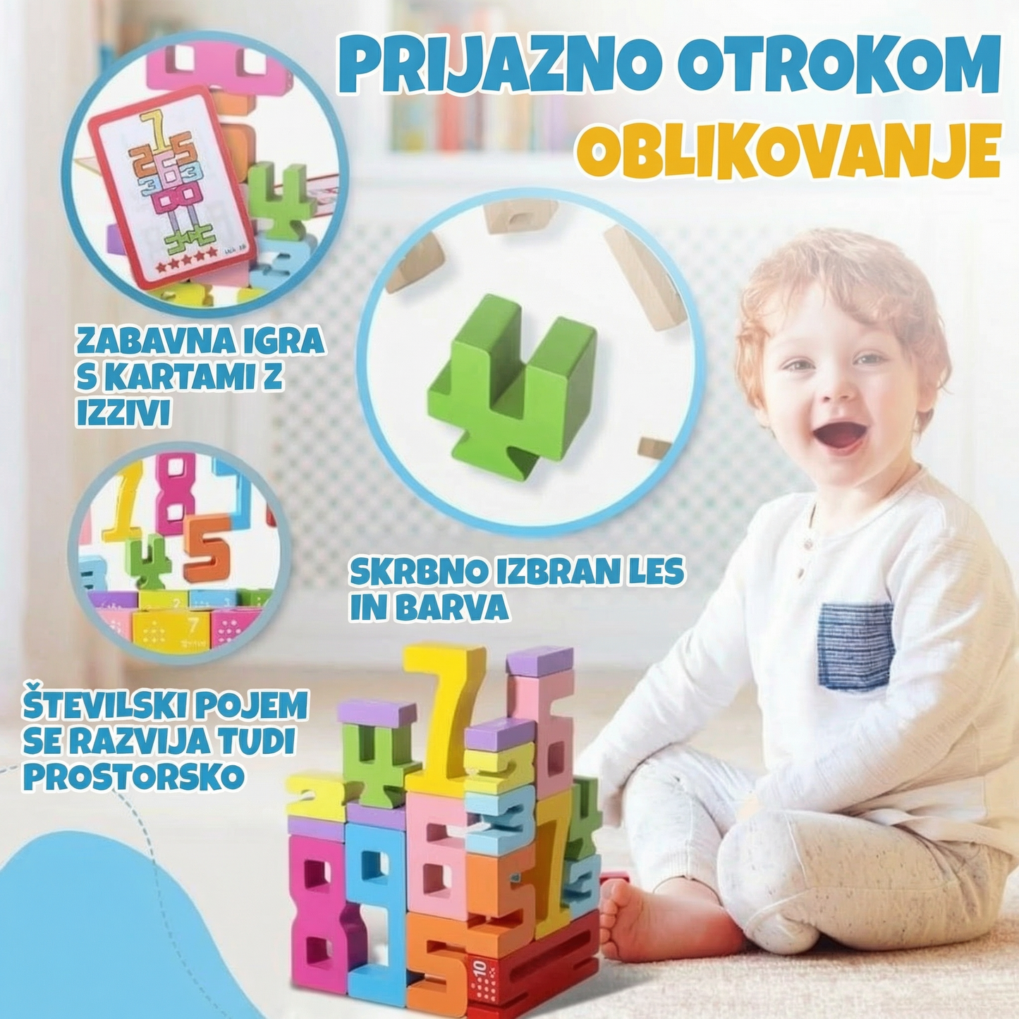 Nasmejan otrok ob stolpu iz pisanih lesenih številk, ki poudarja otroku prijazno oblikovanje, uporabo skrbno izbranega lesa in barv ter razvoj številskih pojmov skozi prostorsko igro.