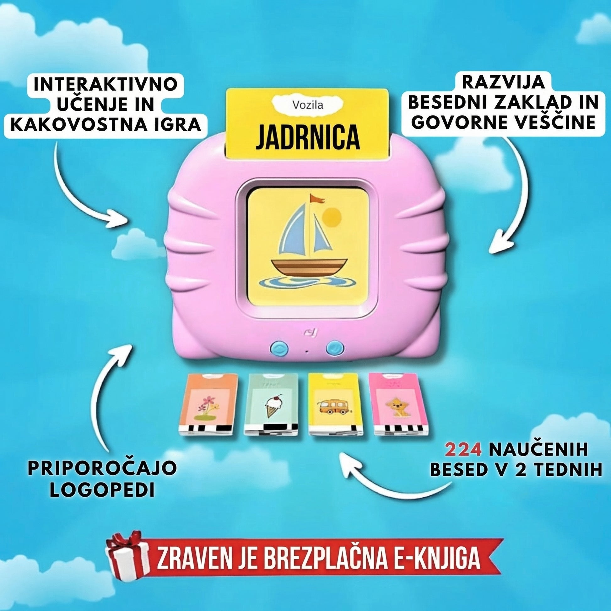 Rožnata interaktivna naprava za učenje z vstavljeno kartico "Jadrnica". Grafika poudarja, da izdelek razvija besedni zaklad in govorne veščine, omogoča učenje do 224 besed v dveh tednih ter da ga priporočajo logopedi. Ob nakupu je vključena tudi brezplačna e-knjiga.