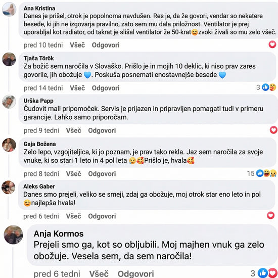 Zbirka pozitivnih mnenj zadovoljnih uporabnikov na družbenih omrežjih, ki potrjujejo učinkovitost izdelka pri spodbujanju govora in hitrejšem učenju besed pri otrocih. Starši izražajo zadovoljstvo nad tem, kako hitro so otroci usvojili nove besede in kako radi uporabljajo učni pripomoček.