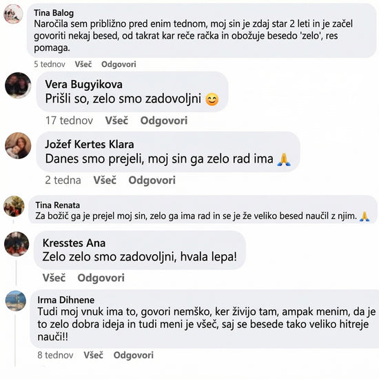 Zbirka pozitivnih mnenj zadovoljnih uporabnikov na družbenih omrežjih, ki potrjujejo učinkovitost izdelka pri spodbujanju govora in hitrejšem učenju besed pri otrocih. Starši izražajo zadovoljstvo nad tem, kako hitro so otroci usvojili nove besede in kako radi uporabljajo učni pripomoček.