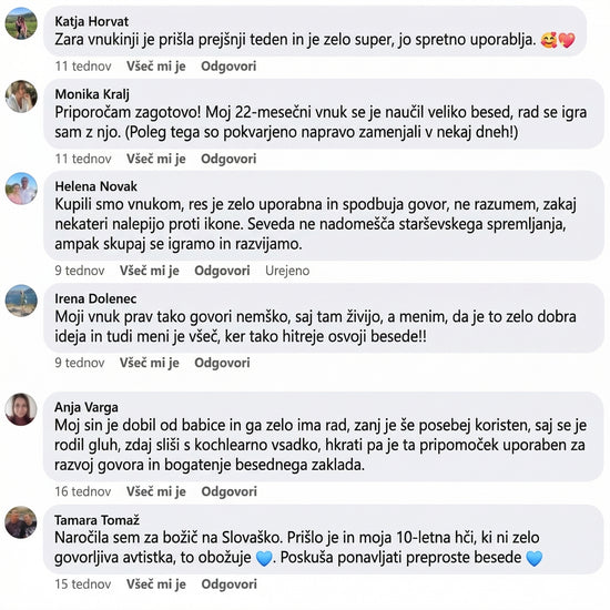 Zbirka pozitivnih mnenj zadovoljnih uporabnikov na družbenih omrežjih, ki potrjujejo učinkovitost izdelka pri spodbujanju govora in hitrejšem učenju besed pri otrocih. Starši izražajo zadovoljstvo nad tem, kako hitro so otroci usvojili nove besede in kako radi uporabljajo učni pripomoček.
