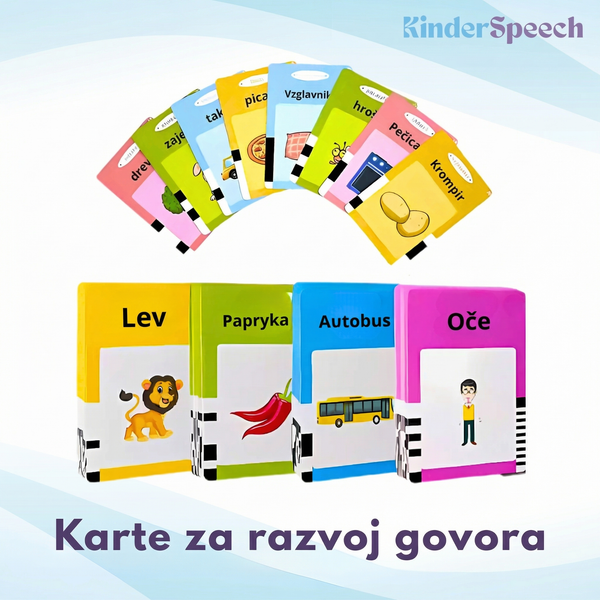 Predstavitev barvitih učnih kartic za razvoj govora blagovne znamke KinderSpeech, ki vključujejo različne tematske kategorije, kot so živali (Lev), hrana (Paprika), vozila (Autobus) in družinski člani (Oče). Kartice so zasnovane z jasnimi napisi in ilustracijami, ki otrokom pomagajo pri učenju novih besed in širjenju besednega zaklada.
