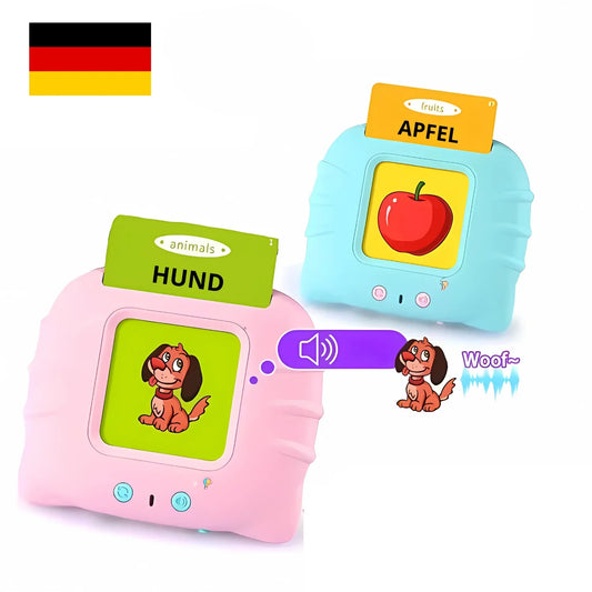 Roza in modra naprava za učenje nemščine s karticama APFEL (jabolko) in HUND (pes) ter nemško zastavo v ozadju.