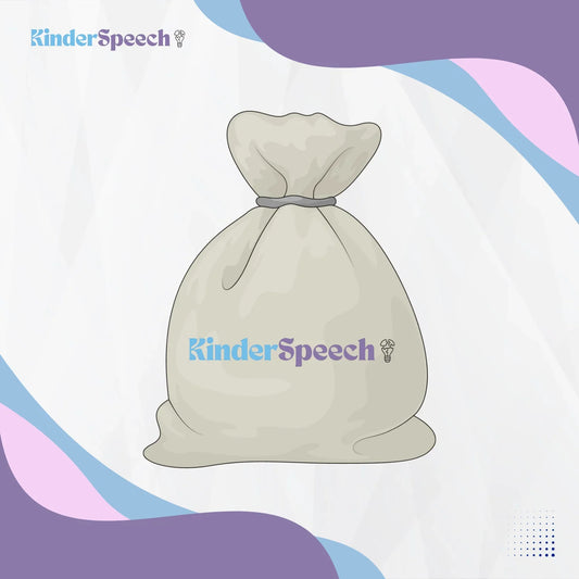 Ilustracija KinderSpeech vrečke za presenečenje na dekorativnem vijoličnem ozadju z logotipom blagovne znamke.